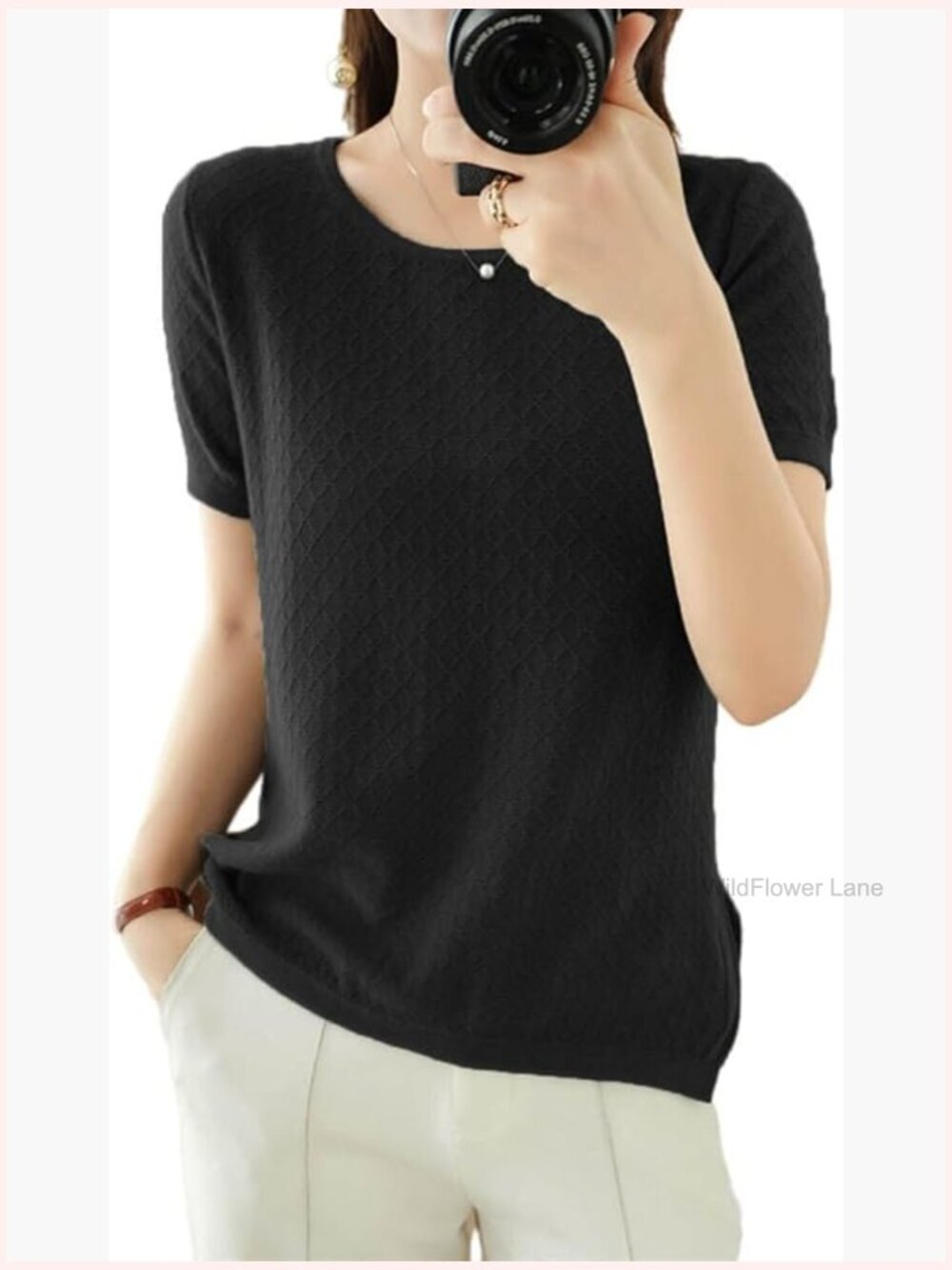 Short Sleeve Sweater Pullover Lightweight Cotton Knit Crew Neck Blouse Summer